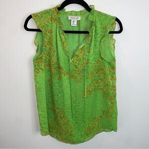 Rachel Zoe Neon Green gold orange paisley tie neck loose fit top Size XS